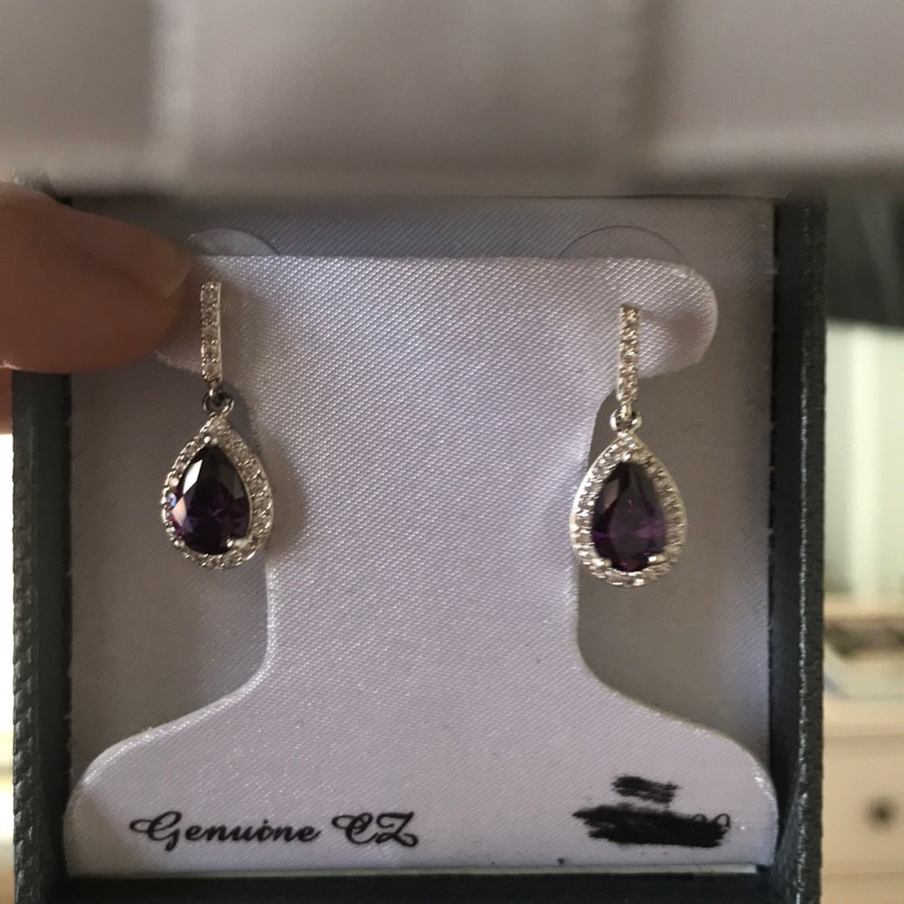 Purple CZ teardrop earrings.